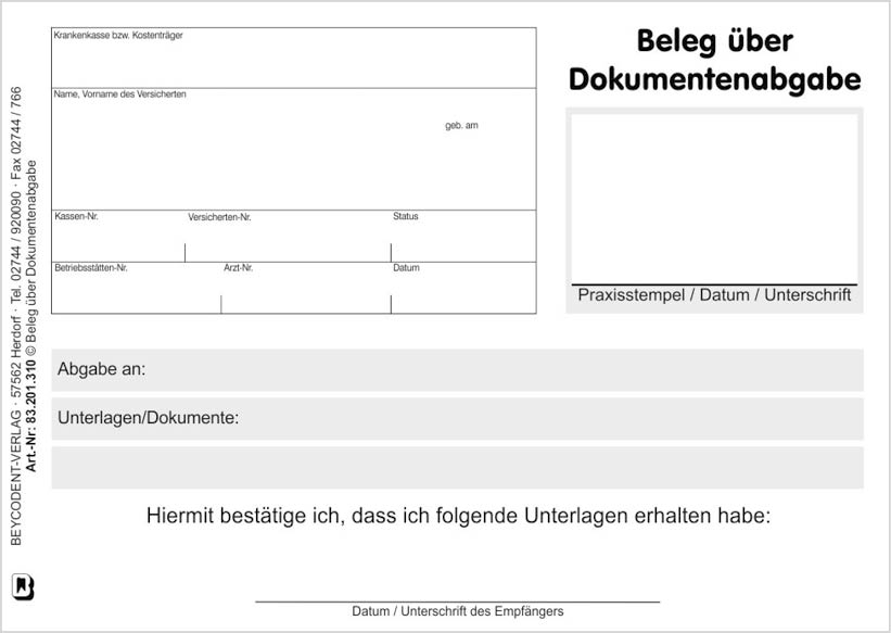 Beleg über Dokumentenabgabe