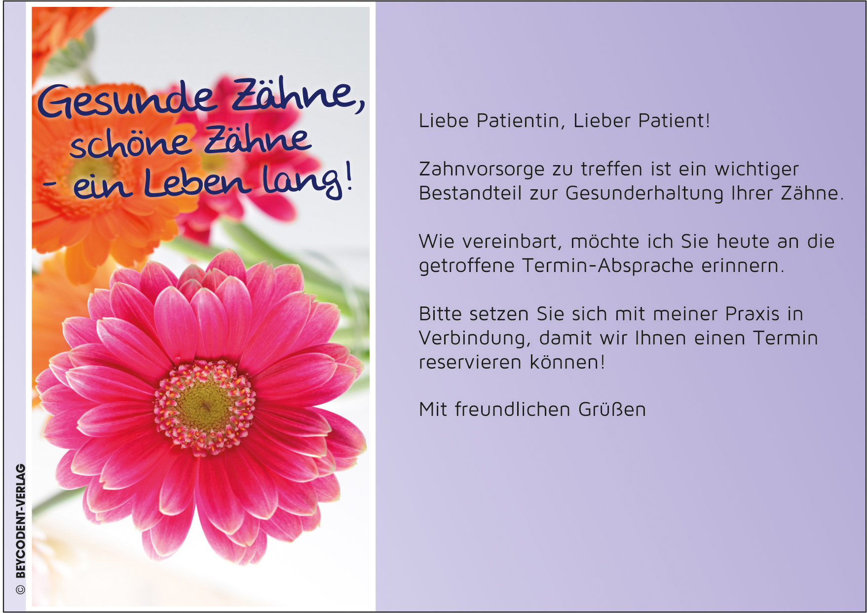 Zahnvorsorgekarte/ Recall  - Motiv: Blume / Gerbera 35