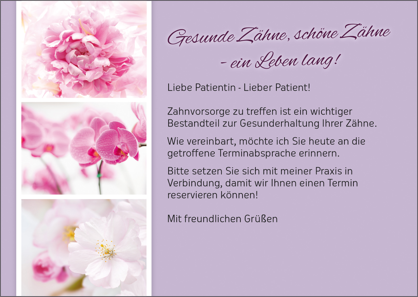 Zahnvorsorgekarte/ Recall  - Motiv: Blumen rosa