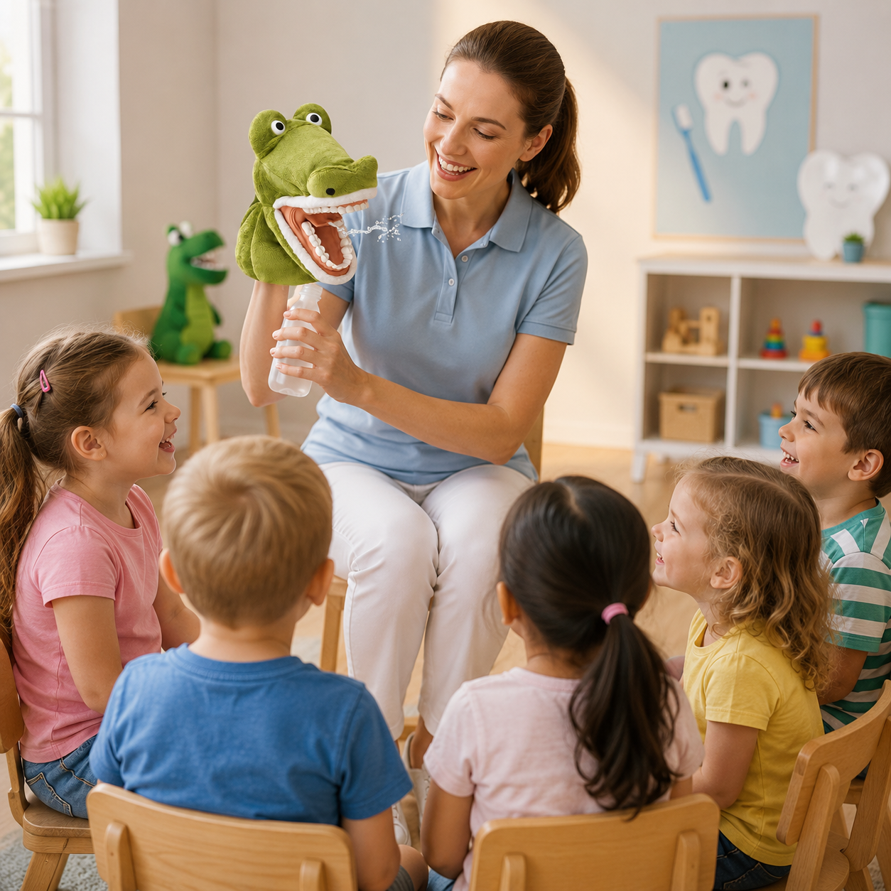 Kroko Zahnputz-Lernpuppe mit Wasserspritze – Interaktive Zahnpflege-Handpuppe für Kindergarten & Vorschule