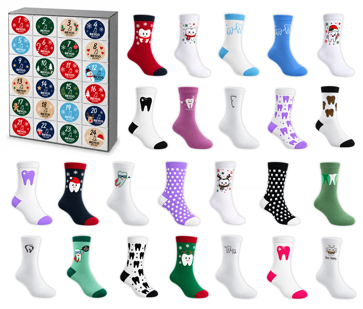 BEYCO-SOCKS Adventskalender 2026 –24 Paar Zahn Socken Geschenk