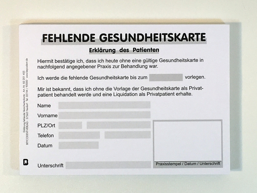 Fehlende Gesundheitskarte Formular Beycodent
