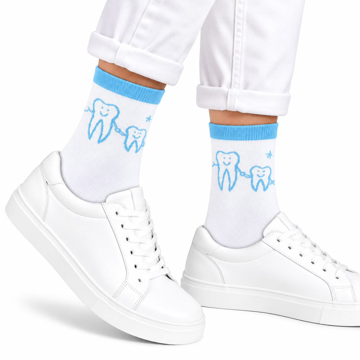 Zahn Motiv Socken "Dreamteam" weiß hellblau, BEYCO-SOCKS – Lustiges Dental Motiv für das Praxisteam – unisex