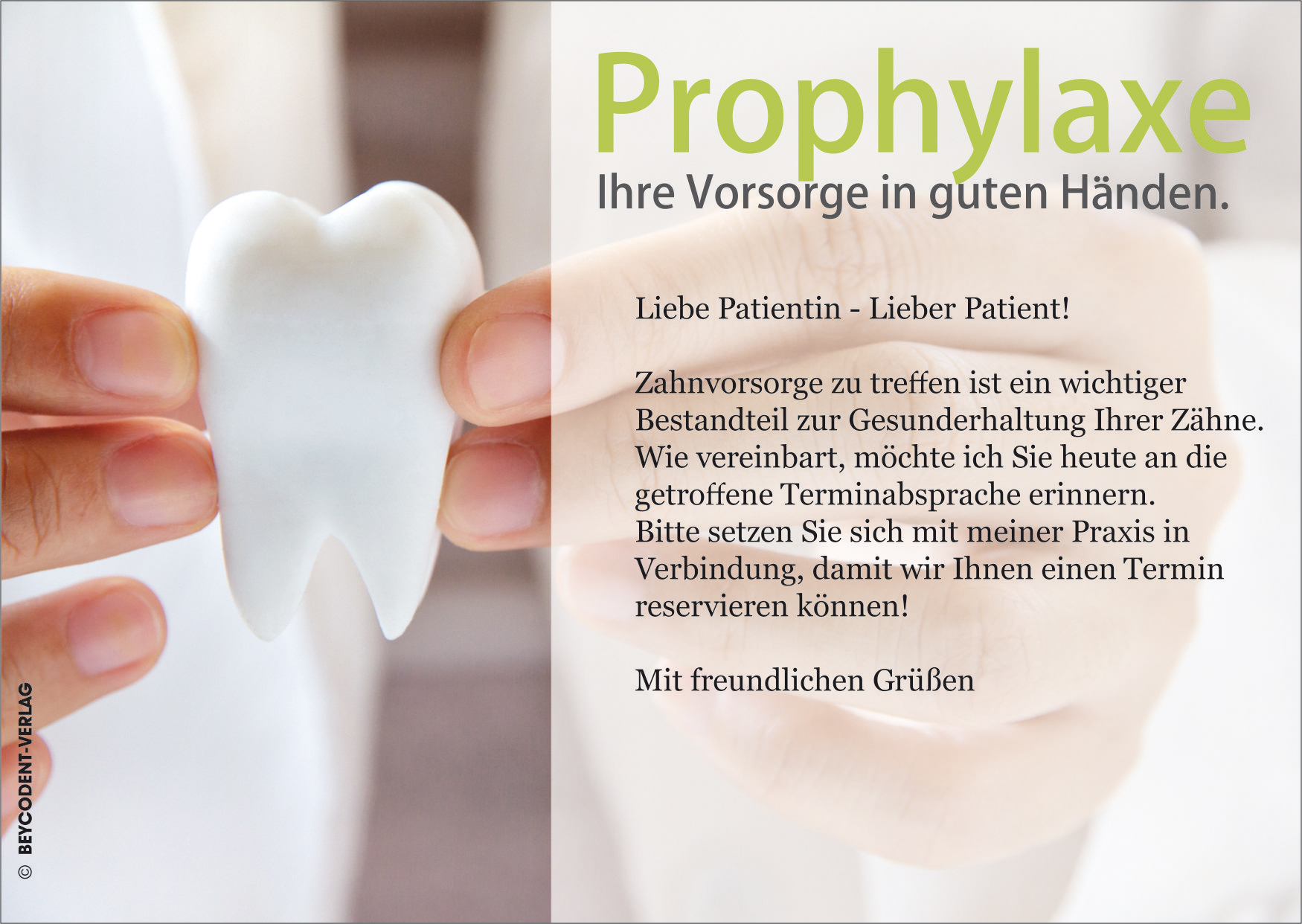 Zahnvorsorgekarte/ Recall  - Motiv: Hände mit Zahn