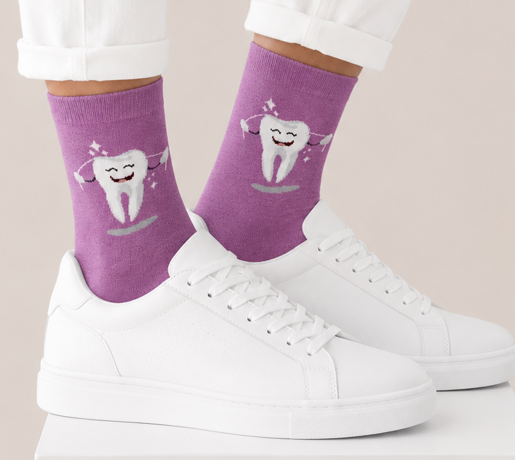 Zahn Motiv Socken Pinkypink rosa, BEYCO-SOCKS – Lustiges Dental Motiv für Praxis & Team – unisex