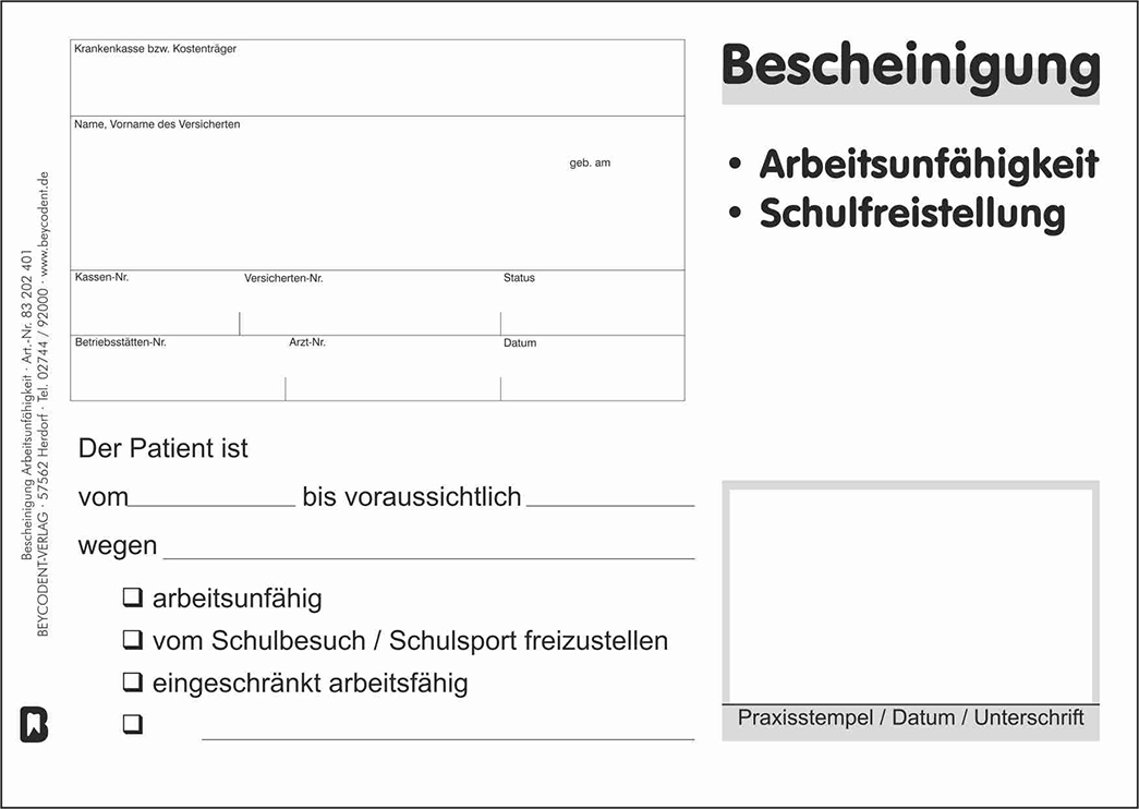 Bescheinigung Schul-,Sport- und Arbeitsunfähigkeit, privat