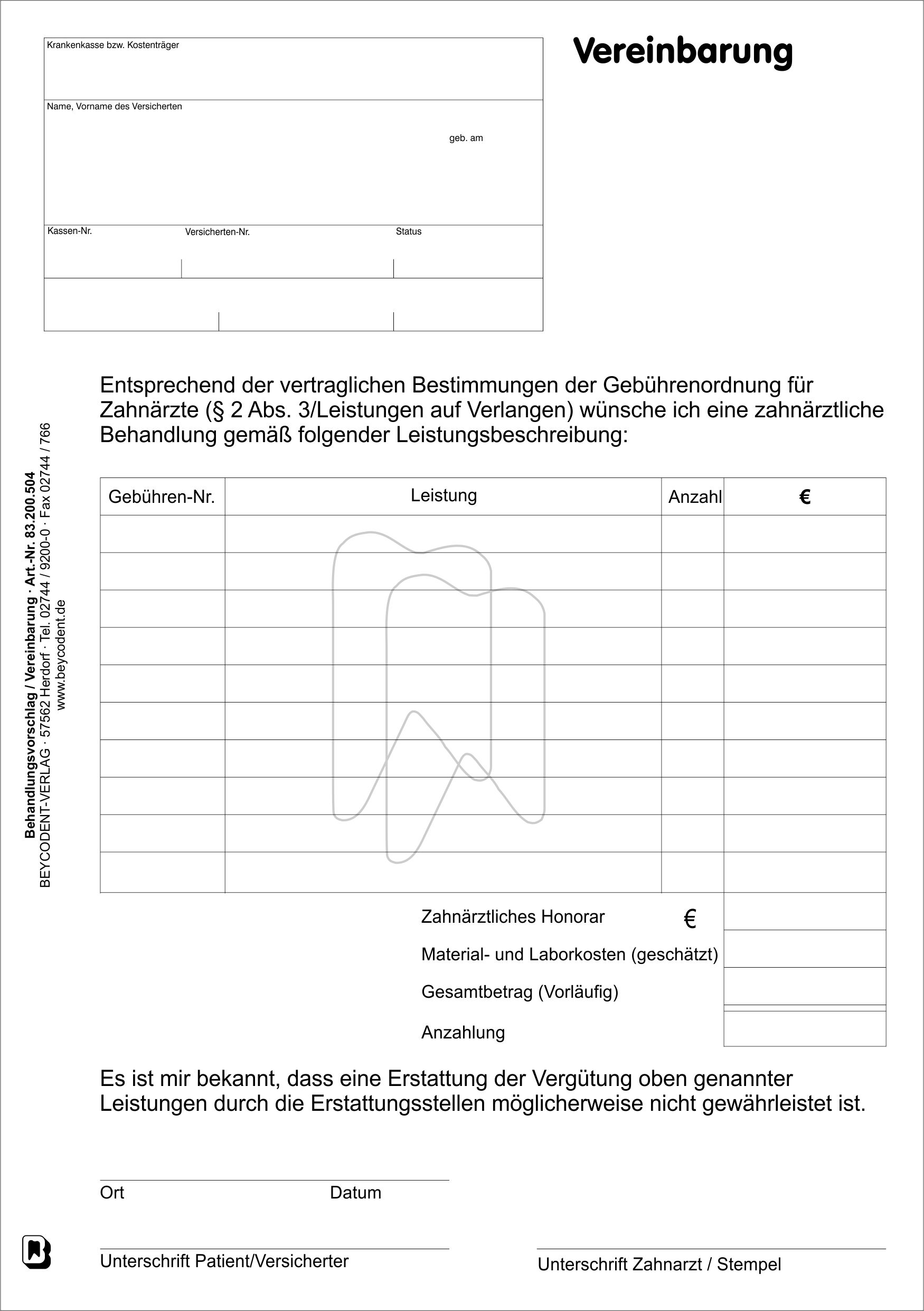 Prophylaxevereinbarung für Kassenpatienten