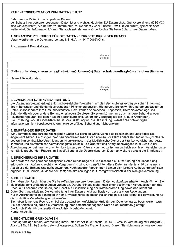 Patienteneinwilligung zum Datenschutz A4 DSGVO