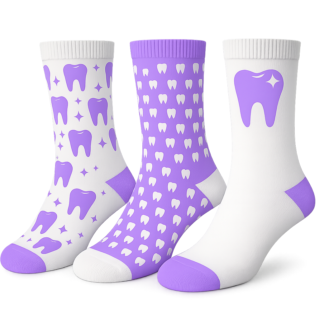 Zahnarzt Socken 3er Pack "Berry Bright" violett – Dental Motiv Set für Praxis & Team – unisex