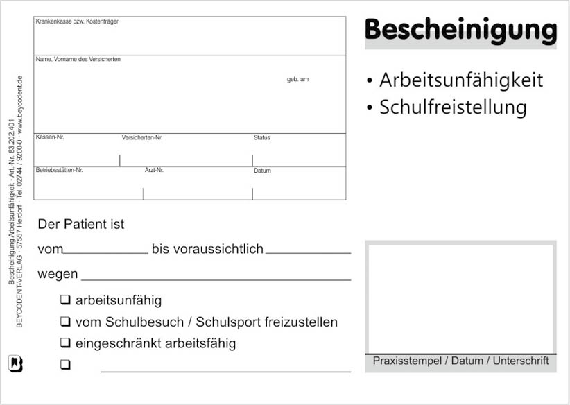 Bescheinigung Schul-,Sport- und Arbeitsunfähigkeit, privat