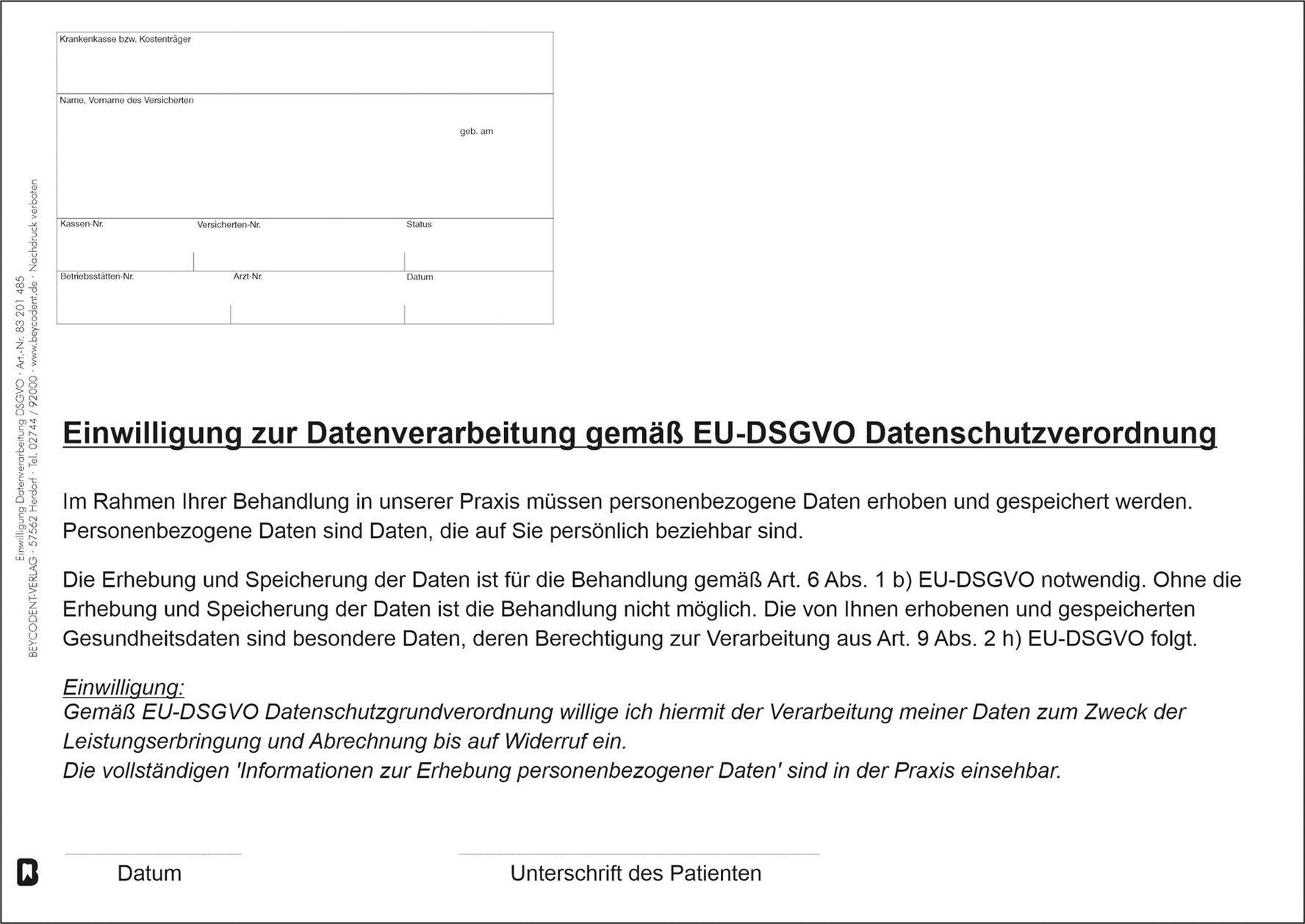 Einwilligung Datenverarbeitung DSGVO, 100 St.