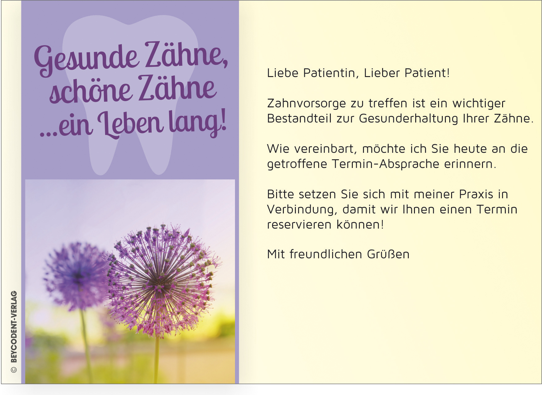 Zahnvorsorgekarte/ Recall  - Motiv: Blume lila