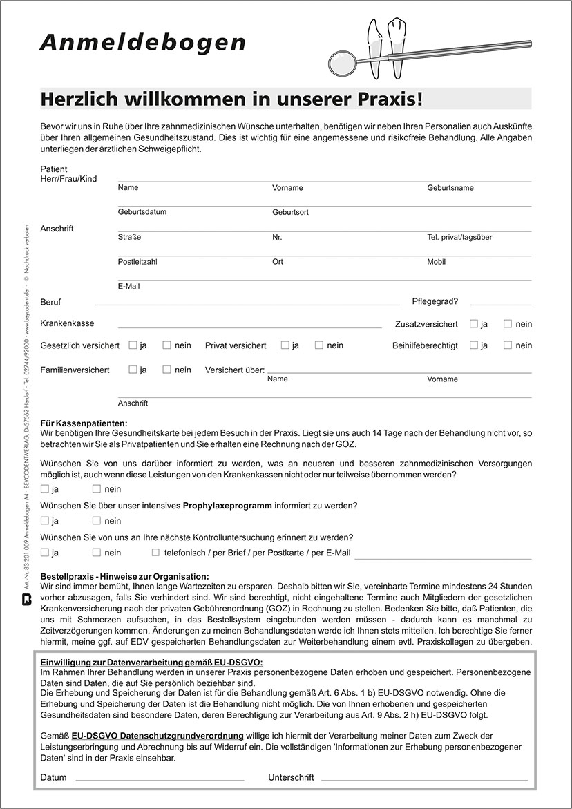 Anmeldebogen-Anamnesebogen, A4 - DSGVO Datenschutz