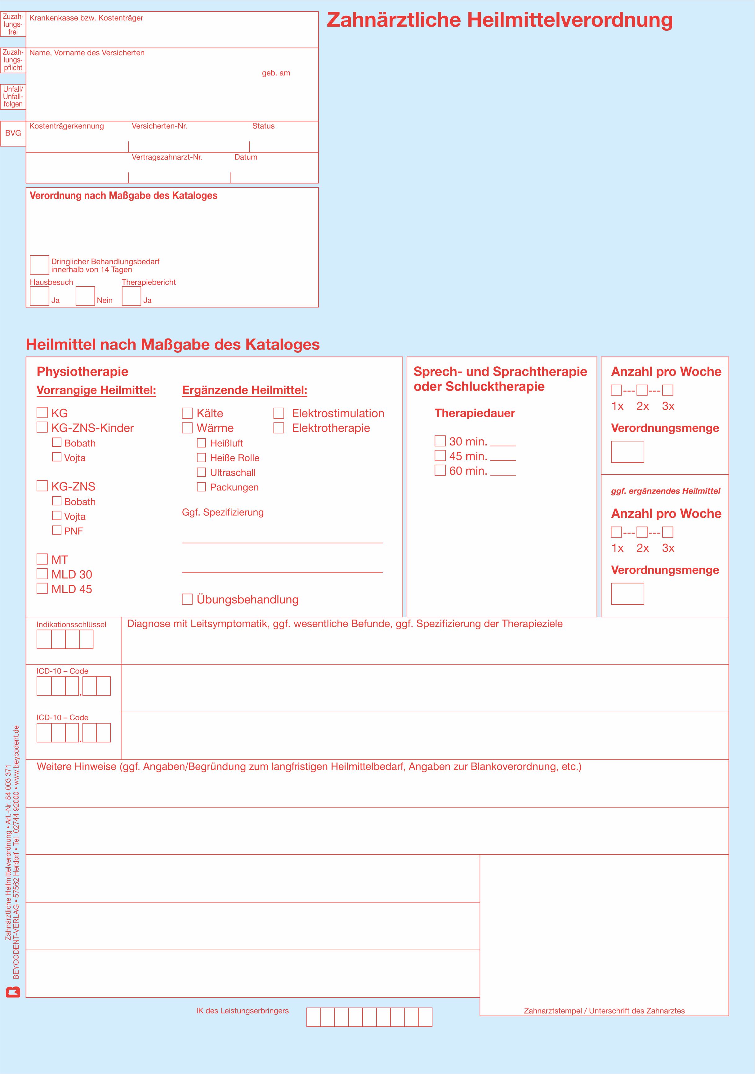 Zahnärztliche Heilmittelverordnung Formular, 100 St.-Pack