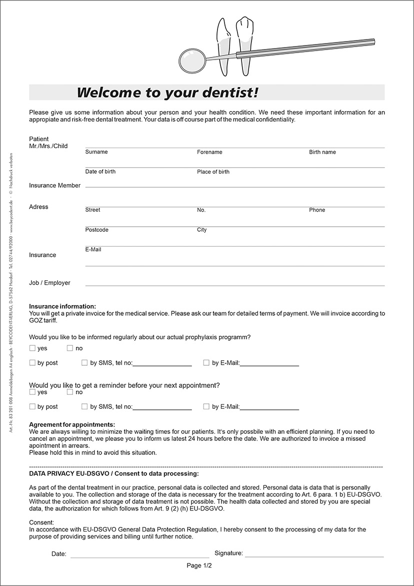 Anmeldebogen-Anamnesebogen, A4 - DSGVO Datenschutz