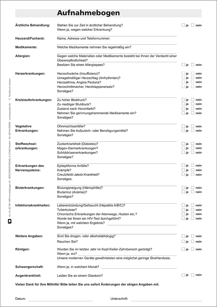 Anmeldebogen-Anamnesebogen, A4 - DSGVO Datenschutz