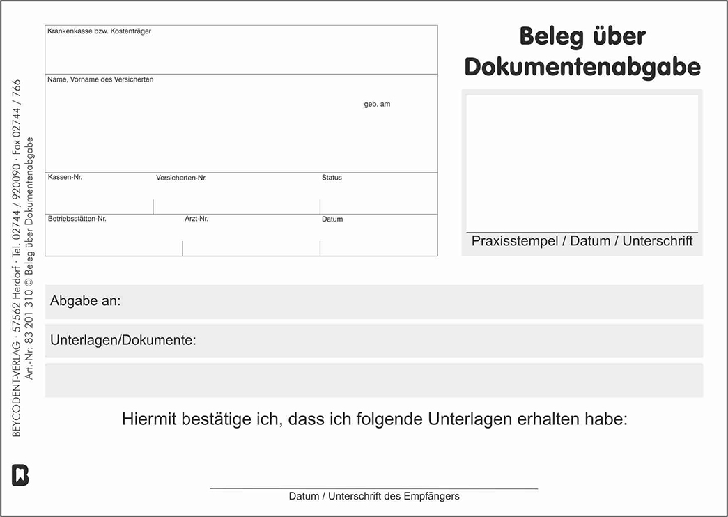 Beleg über Dokumentenabgabe