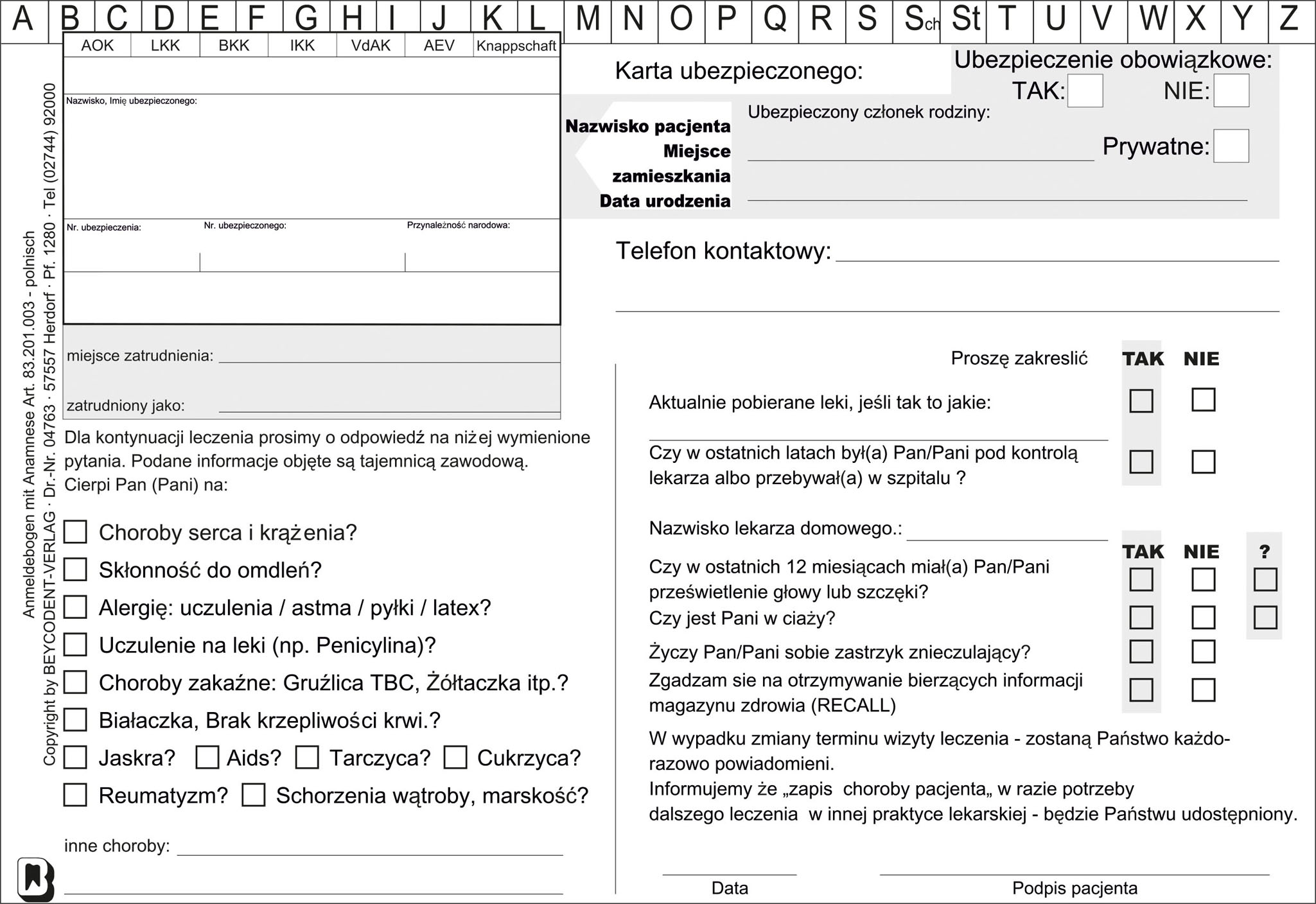 Anmeldebogen-Anamnesebogen A5 DSGVO Einwilligung