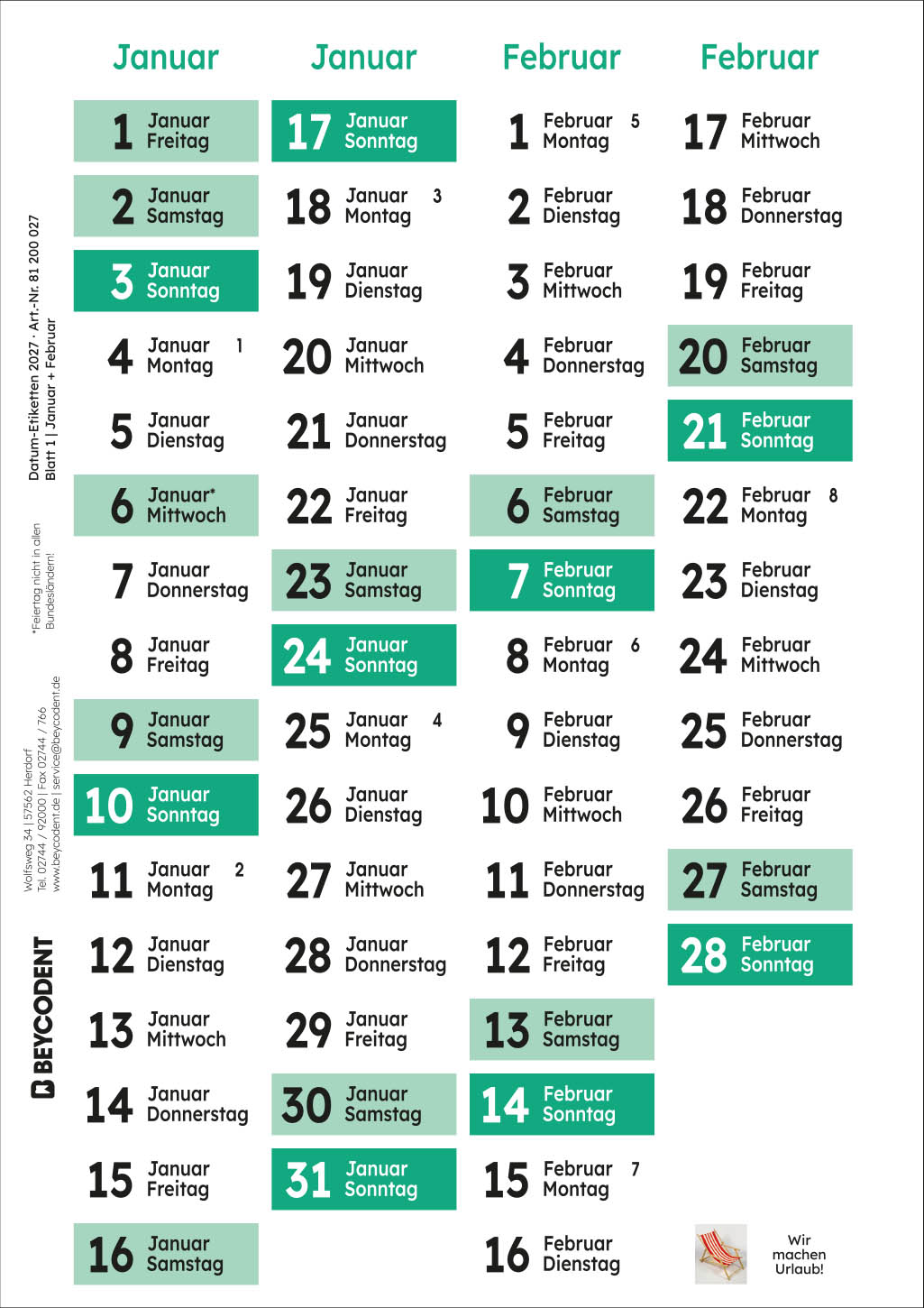 Datum-Etiketten 2027 mit Jahresübersicht 