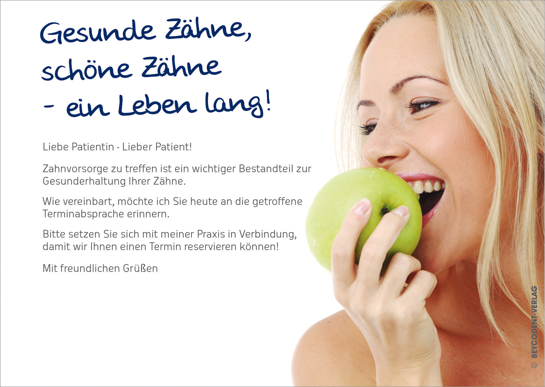 Zahnvorsorgekarte/ Recall  - Motiv: Frau mit Apfel