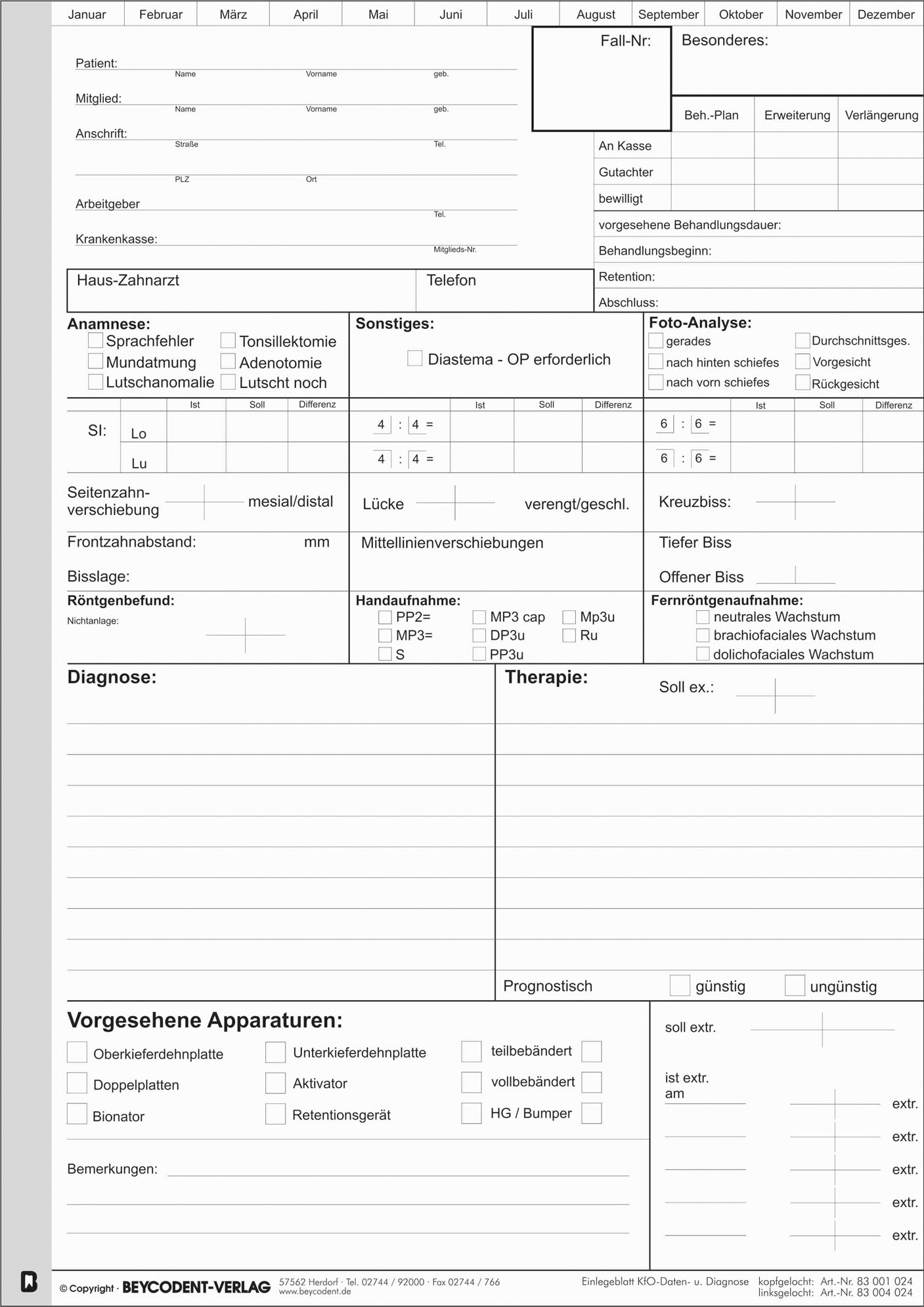 Einlegeblatt KFO Daten u. Diagnose 100 Stück