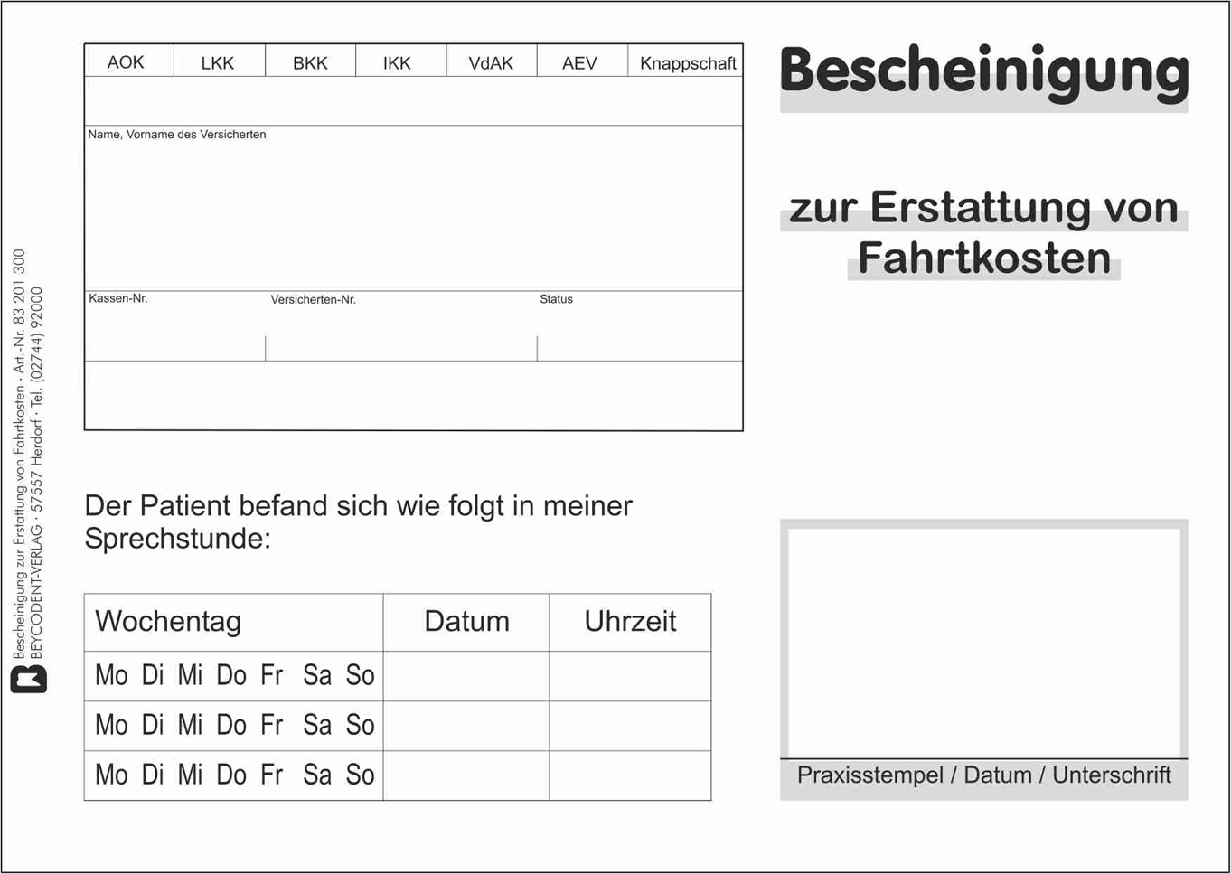 Bescheinigung zur Erstattung von Fahrtkosten