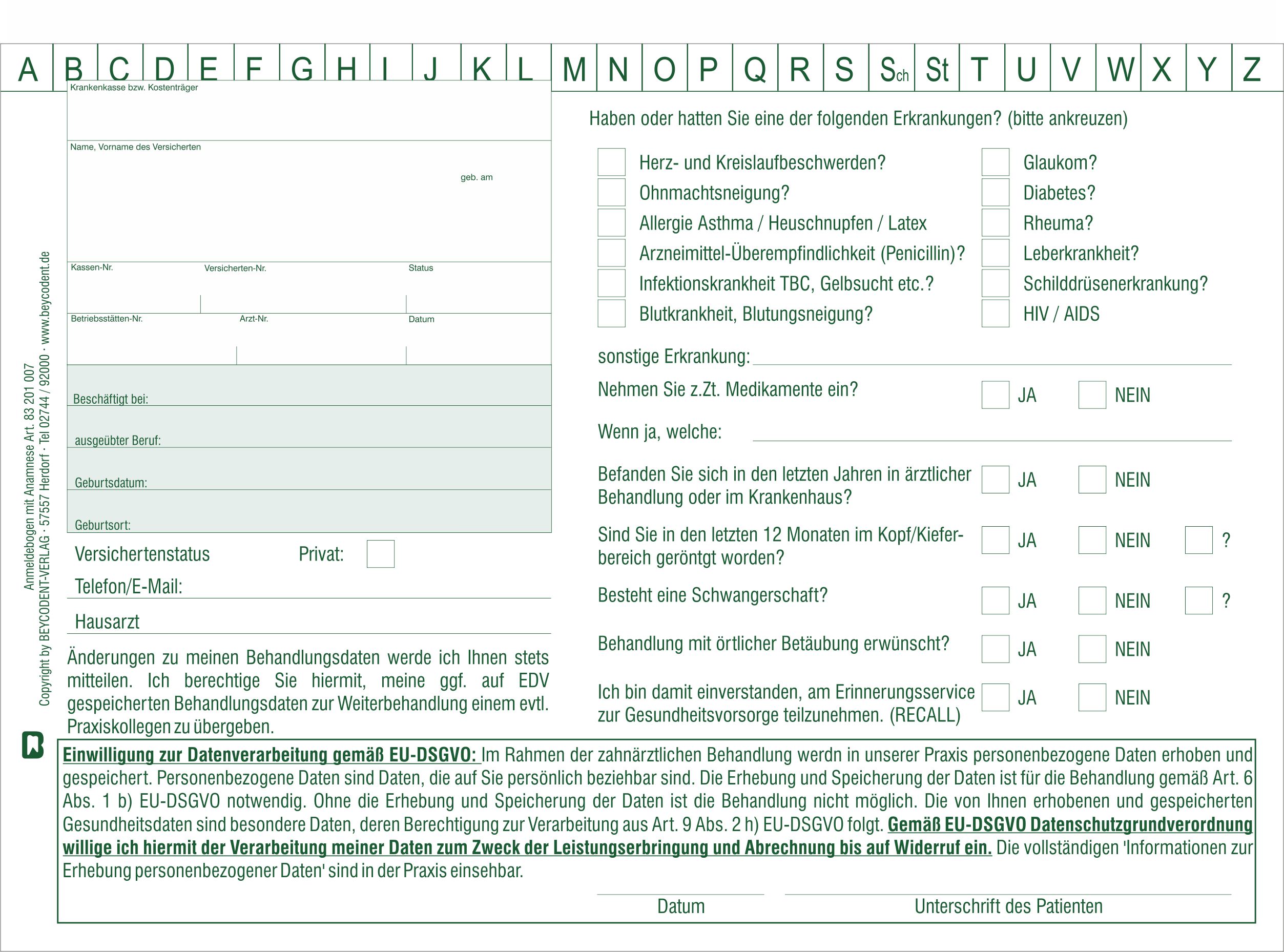 Anmeldebogen-Anamnesebogen A5 DSGVO Einwilligung