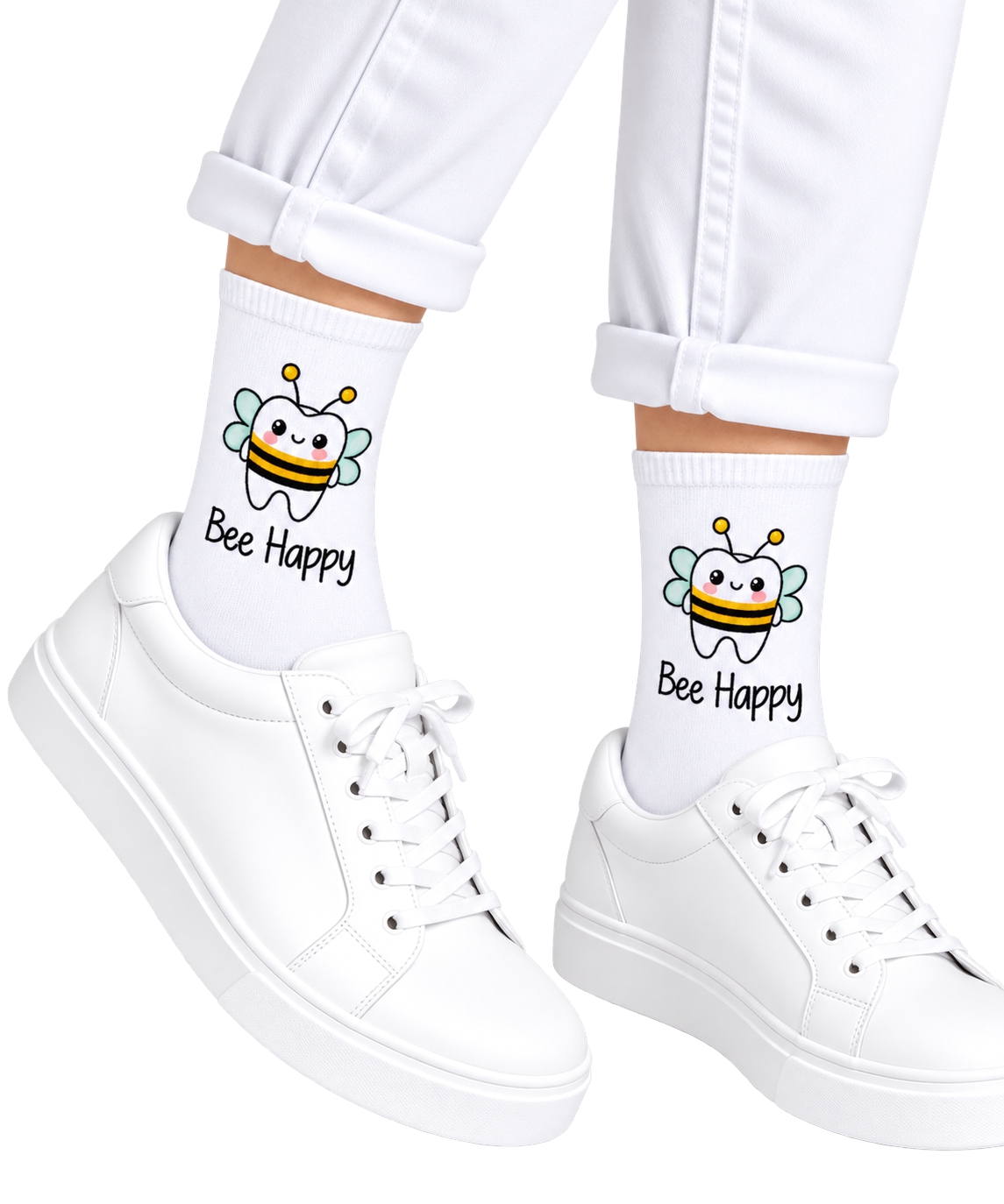Zahn Motiv Socken "Bee Happy" weiß, BEYCO-SOCKS – Lustiges Biene & Zahn Motiv für die Praxis – unisex