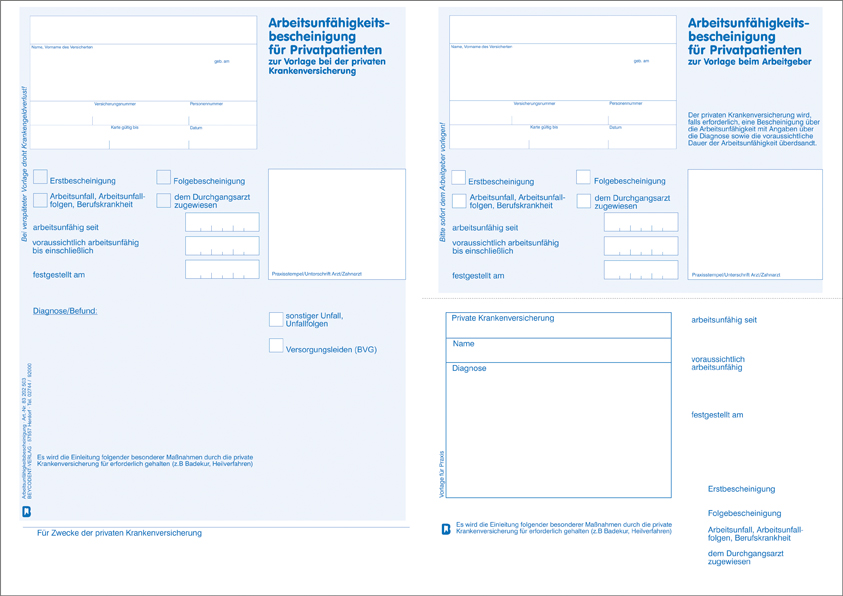 Arbeitsunfähigkeits-Bescheinigung AU PKV blau für Privatpatienten